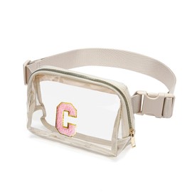 Clear Belt Bag Initial Letter Patch Clear fanny pack stadium approved for Women and Girl,Clear Crossbody Bag Waist Bag for Concerts Sports Travelling Hiking Running, BEIGE, C