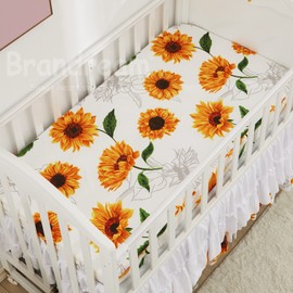 Brandream Girls Crib Bedding Set Floral Nursery Bedding Yellow White Sunflower Baby Blanket 3 Piece,Farmhouse Fitted Sheet, Ruffle Skirt