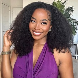 BGM GIRL Half Wig Human Hair Kinky Curly 3 in 1 Wigs Beginner Friendly Flip Over Drawstring Glueless Wig Kinky Curly Ready to Go Seamless Clip in Wigs Natural Black Color 18 Inch