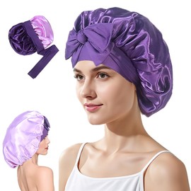 Satin Hair Cap for Women - Double-Sided Satin Silk Hood for Sleeping Cap, Adjustable Silk Cap, Hair Protect Hair Cap, Purple, 55-60