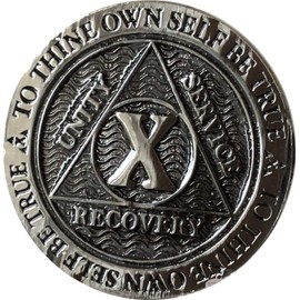 10 Year AA Medallion Gunmetal Reflex Design Serenity Prayer Chip Gun Metal