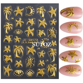 Unbranded Gold Ocean Starfish Turtle Sun Palm Tree 5D Nail Stickers Embossed Decal J15D172