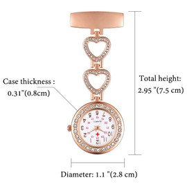 Silverora Nurse Watch Love Cubic Zirconia Heart Nurse Watch Quartz Clip-on Pocket Watches for Doctor Medical Watch Paramedic Gift Rose Gold