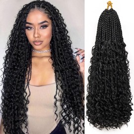 BIBHAIR Box Braids Pre-looped Goddess Crochet Hair Boho Style 8 Packs 24 Inch Box Braiding Wigs With Curly Ends 112 Strands Color 1B Bohemian 3 Strands Braided Synthetic Hair Extensions for Women.
