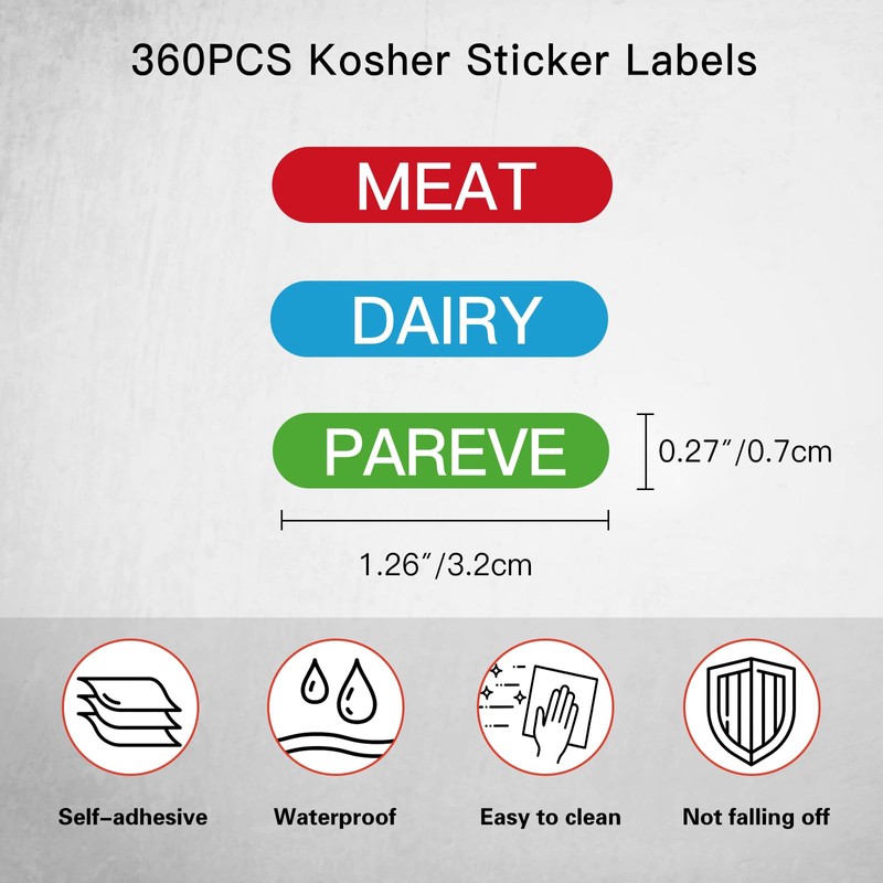 360PCS Kosher Kitchen Labels,Waterproof Meat Diary Pareve Stickers,Color Coded Kosher