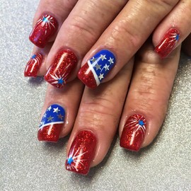 24Pcs 4th of July Press on Nails Short Square Fake Nails with Red Glitter Designs Stick on Nails American Flag Acrylic Nails July 4 Patriotic False Nails Independence Day Star Glue on Nails for Women