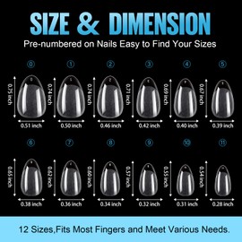 TOMICCA Short Almond Nail Tips,192Pcs Nail Tips Fake Nails Acrylic Nail Kit, 12Sizes Gel Clear Nails for Nail Extension Home DIY Nail Salon