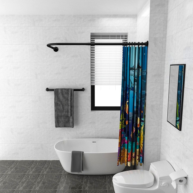 Tanxih Adjustable Corner Shower Curtain Rod L Shaped Black Stretchable