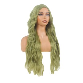 REEWES 28 Inch Long Wavy Green Wig for Women Curly Synthetic Hair, Heat-Resistant Fiber Ideal for Daily Wear, Parties and Cosplay