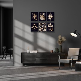 HoozGee Occultism Wall Decor, Mystical Moon Phases and Dragonfly Poster, Boho Mystical Magic Poster, Butterflies, Dragonflies, Moon, Stars, Rose Flowers, Planets, Comets Pattern (8"x10" UNFRAMED)