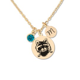 Raccoon Necklace for Women, Cottage Core Jewelry, Choice of Initial and Birthstone, 18K Gold or Silver Plate, Forestcore, Racoon Necklaces