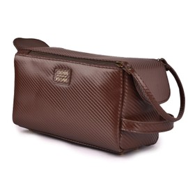 LEATHER VILLAGE Premium Carbon Leather Travel Toiletry Bag - Large Compact Dopp Kit, Water-Resistance Shaving & Cosmetic Organizer for Men & Women - Brown