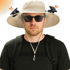 Solar Fan Hat,Wide Brim Sun Cap with 2 Solar Sun Protection Fans,Waterproof UPF 50+ Bucket Fishing Hat with Fan Built in Brown