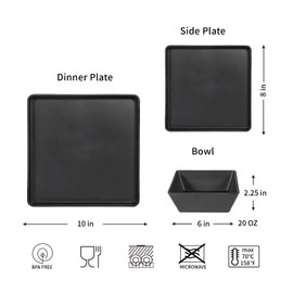 Melamine Dinnerware Sets - 12pcs Square Plates and Bowls Set, Dishes Set, Black