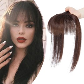 Clip-In Real Hair Topper Extensions Real Hair with Bangs (11 cm Long) Hairpieces Real Hair Toupee Hair Thickening Straight Hair Extensions 7A Real Human Hair 25 cm - 32 g 02# Dark Brown