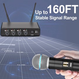 Depusheng R4 Karaoke Wireless Microphones Professional 4 Channels Handheld Wireless Microphone System Metal Dynamic Mic for Karaoke Singing, House Party, Church, Performance