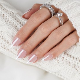 Canvalite French Tip Press On Nails Short, Chrome Almond Press on Nails Reusable Acrylic Fake Nails with Glue & Glue Remover Easy to Use 30Pcs Manicure Kit for Women, Natural White