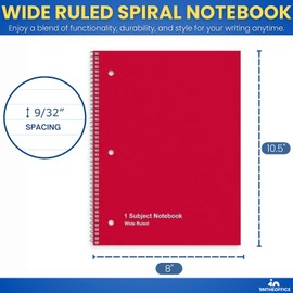 1InTheOffice Wide Ruled Spiral Notebook, 1 Subject Notebook, 8" x 11", 70 Sheets, Assorted Colors, 6 Pack