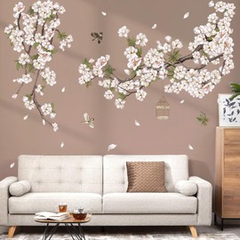 decalmile Large Flower Tree Branch Wall Decals White Blossom Floral Birds Wall Stickers Living Room Bedroom Office Wall Decor