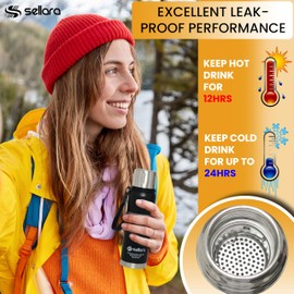 SELLARA Vacuum Insulated Thermo Flask, Stainless Steel for Hot & Cold Drinks with Cup lid and Filter- BPA Free | Perfect for Traveling, Camping, Work 520ml (Black)
