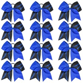DEEKA 12 PCS Softball Cheer Bows with 2 Glitter Stitching Two Toned Cheerleader Team Bows Elastic Band for Softball Sports Girls (Royal Blue/Black+Royal Blue Stitching)