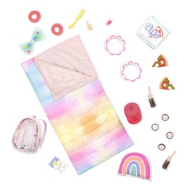 Glitter Girls 62243453722 Sleepover Party & Backpack Set – Tie-Dye Sleeping Bag, Rainbow Pillow & Pizza Play Food, 36 months-8 years