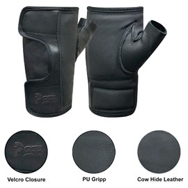 Wheelchair Cow Hide Leather Fingerless Full Open Easy Adjustable Palm Padded Hand Protected Gloves for Manual Wheelchairs Outdoor Activities Available in Black Color 319 (Large)