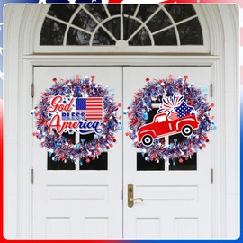 Daifunli 6 Sets 12 Inch 4th of July Wreath for Front Door Patriotic Red Blue and White Tinsel Independence Day USA Decorations Fourth of July with Wooden for Memorial Day Veterans Feather Sign Party