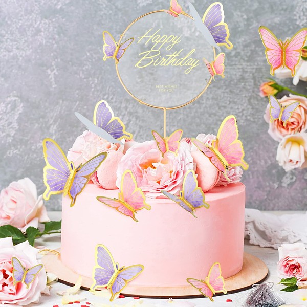 Bucherry 81 piezas 3D mariposa decoración para magdalenas redonda oro acrílico feliz cumpleaños decoración de tartas mariposas para cumpleaños, bodas, fiestas, suministros de 4 tamaños (rosa, morado)