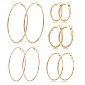 PABBEU 5Pairs Gold Hoop Earrings Large 316L Stainless Steel Earrings Lightweight 14K Gold Plated Earrings Hypoallergenic Big Thin Gold Earrings for Women Girls Boucle Doreille Femme 30/40/50/60/70mm