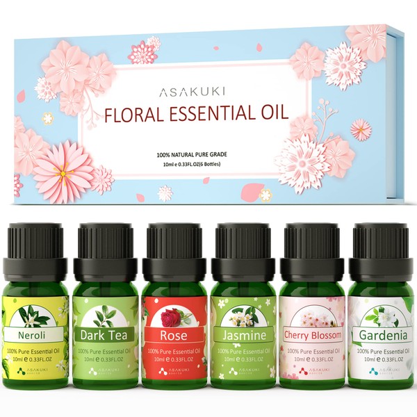 ASAKUKI Floral Essential Oils Premium Fragrance Oil for Candle Making Hair Care - Jasmine, Rose, Gardenia, Cherry Blossom, Neroli, Dark Tea Flower Candle Scents for Diffusers Home Women Gift 6 * 10ML