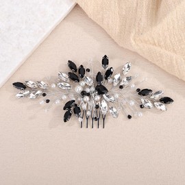Teyglen Bridal Black Crystal Hair Comb Silver Rhinestone Wedding Hair Comb Piece with Pearl Costume Hair Accessories for Women Bride Head Jewelry(Black)