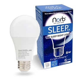 Norb NorbSLEEP - Bombilla de luz azul baja para dormir, LED nocturno que aumenta la melatonina para un sueño reparador, para bebés, niños y adultos, 6 W A19 regulable, espectro nocturno natural