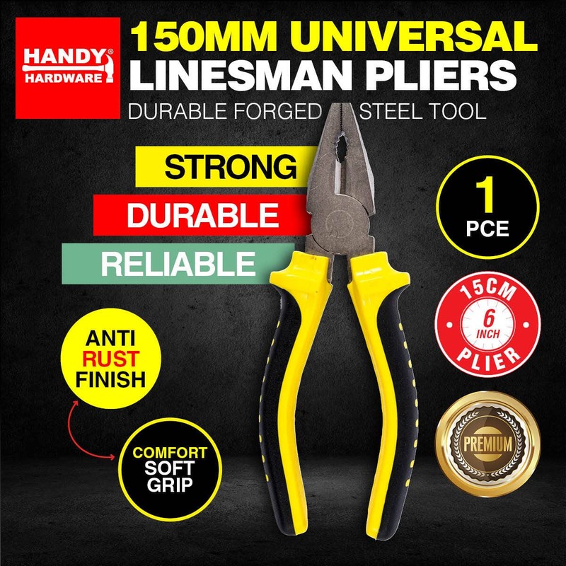 Handy Hardware Premium Linesman Comfort Grip Handle Plier, Black/Yellow, 150