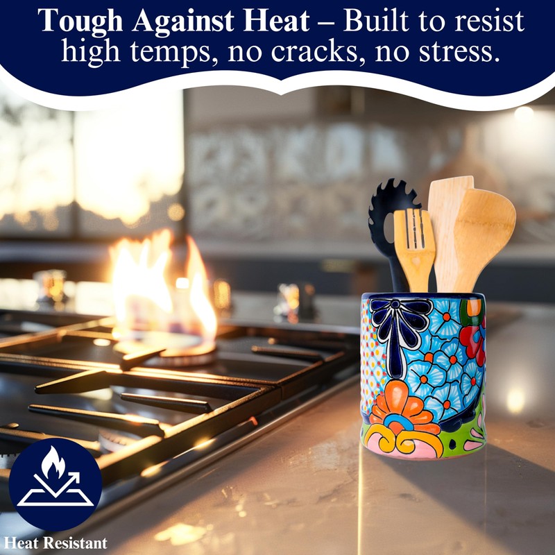 Talavera Utensil Holder - Hand Painted Ceramic Spoon Crock -