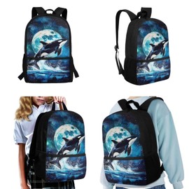 SCRAWLGOD Killer Whale Backpack and Lunch Bag Set for Girls 10-12/12-14/8-10 Moon Kids Middle School Bookbag with Lunch Box Pencil Case Set Student Book Bag Lunchbox Back Pack Chidlren