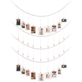 4 Pcs Wall Hanging Photo Display with Wooden Beads Garland 4 Feet Boho Collage Picture Frame DIY Picture Photo Frame Set with 9 Wood Clips for Rustic Country Home, Office Nursery Room Decoration