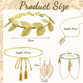 5Pcs Greek Goddess Costume Accessories Set, Fancy Dress Include Golden Laurel Leaf Headpiece, Necklace, Earring, Waist Chain, Arm Ring, Greek Goddess Dress Up for Women Vintage Party, Bridal Wedding