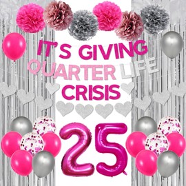 25th Birthday Decorations for Women It’s Giving Quarter Life Crisis Glitter Banner Rose Red 25 Balloons Numbers Silver Fringe Curtain Heart Garland Tissue Flowers for Women 25th Rose Red Party Favor