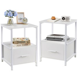 VECELO Nightstand Set of 2 with Wooden Storage Drawer Square Modern Bedside End Tables for Bedroom Living Room, Open Shelf, Industrial Metal Frame, Small Space, White