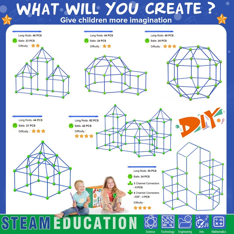 140 PCS Fort Building Kit for Kids Age 4-10, Den