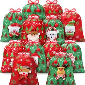 12Pcs Christmas Gift Doll Bags with Drawstring, 8x10in 3D Christmas Goody Gift Bags Small Fabric Xmas Candy Bags, Burlap Treat Bags Christmas Gift Wrapping Bags Holiday Party Favors Decor Santa Sacks