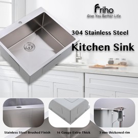 Friho 25x22 Drop in Kitchen Sink, Top Mount Commercial Handmade 16 Gauge Single Bowl Stainless Steel Sink with Dish Grid and Basket Strainer.