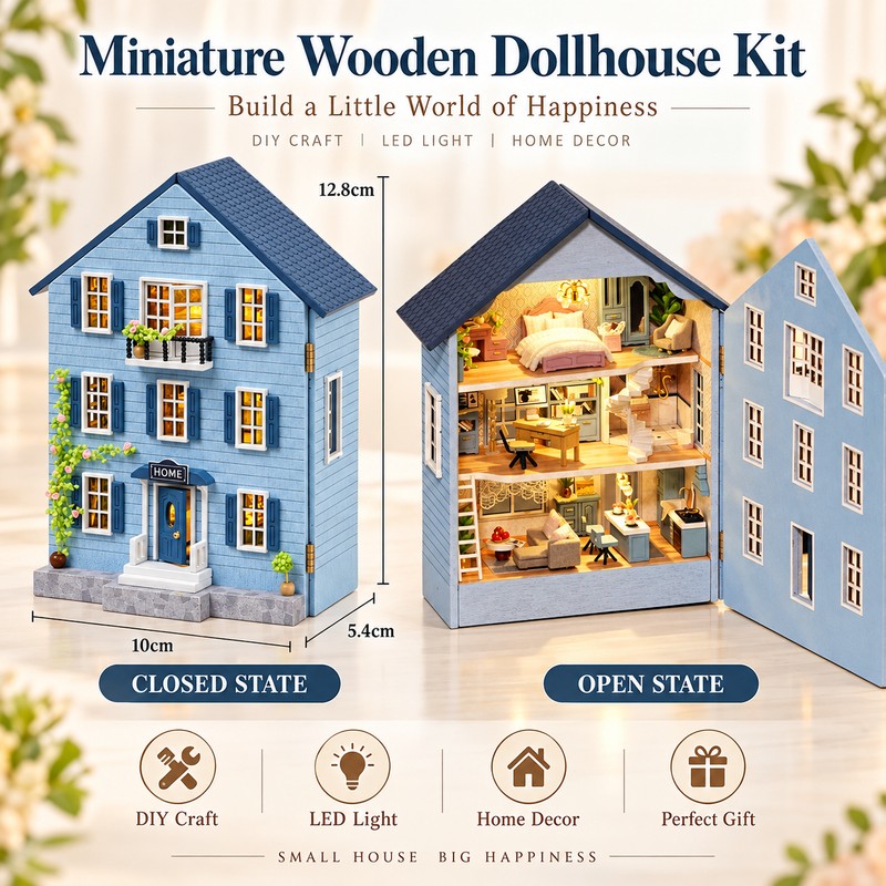DIY Miniature House Kit with Furniture and LED Light, Wooden