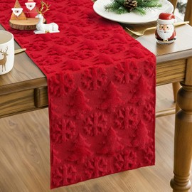 Sungeek Christmas Table Runner 40x300 cm Soft Plush Faux Fur Xmas Tree Snowflake Seasonal Winter Holiday Farmhouse Kitchen Dining Table Decoration for Home Party, Red