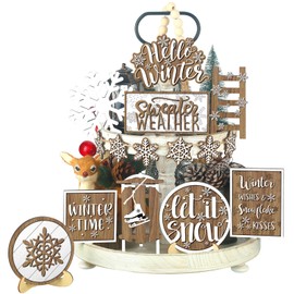 FairySandy Winter Tiered Tray Decor Winter Snowman and Snowflakes Wooden Signs Farmhouse Winter Tiered Tray Decorations Set Wood Table Decor for Winter Holiday Home Kitchen(Rustic Style)