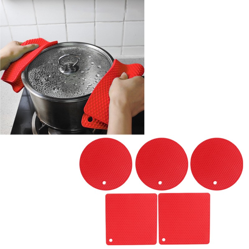 5Pcs Silicone Trivet Mat Square Round Honeycomb Hot Pad Non