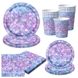 Mermaid Party Tableware Supplies,80Pcs Gray Purple Little Mermaid Birthday Decorations Set Mermaid Party Plates and Napkins Disposable Mermaid Dinnerware for Under The Sea Ocean Theme Party Serve 20