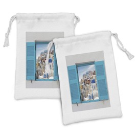 Ambesonne European Fabric Pouch Set of 2, Old Shutters of Window View Traditional Greek Village Heritage Culture, Small Drawstring Bag for Toiletries Masks and Favors, 9" x 6", Multicolor