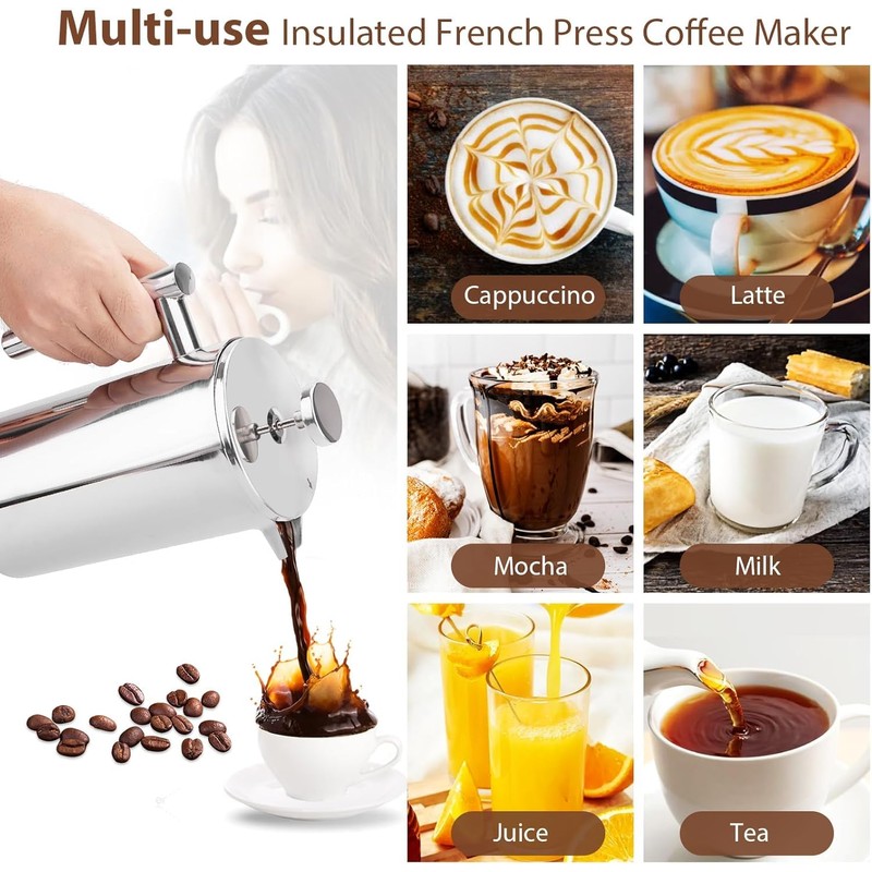Miuly 34oz French Press Coffee Maker Stainless Steel Insulated Coffee